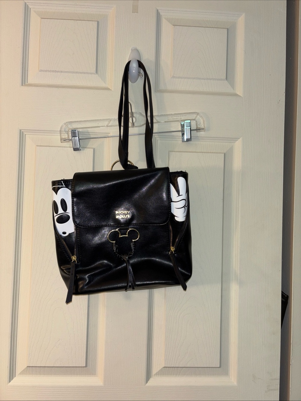 Disney Black Faux Leather Mickey Backpack Tote with White Accent